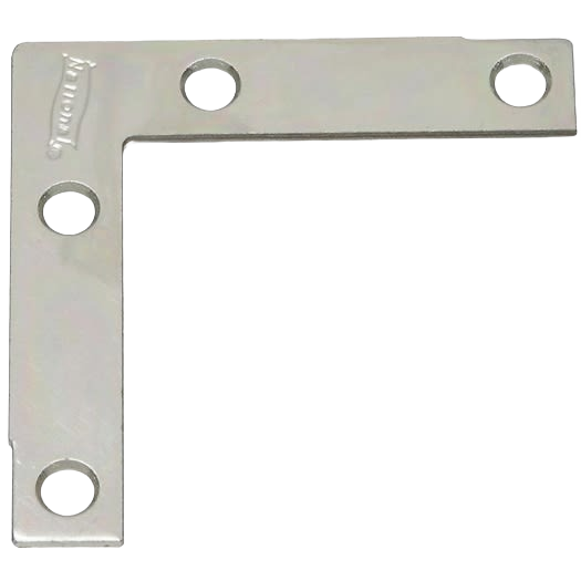 Zinc-plated flat corner brace with pre-drilled holes for reinforcing right-angle joints in building hardware projects