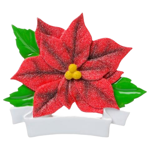 Red poinsettia ornament with glitter details, green leaves, and white customizable banner for Christmas decoration under $50 collection