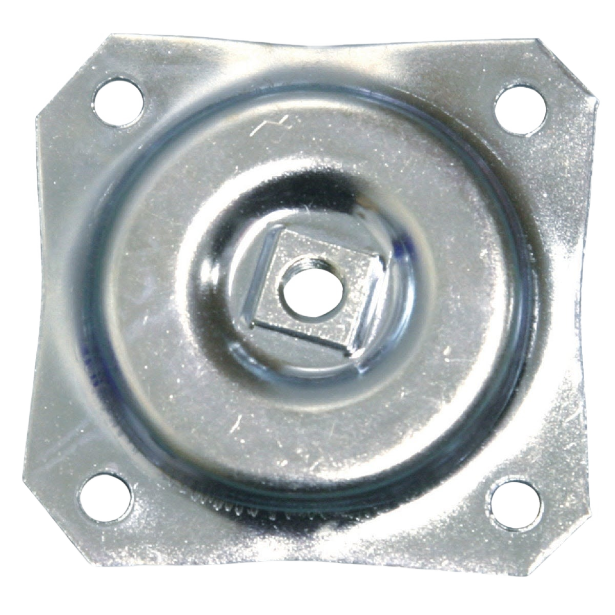 Square metal mounting plate with central square hole and four corner screw holes for secure furniture leg attachment