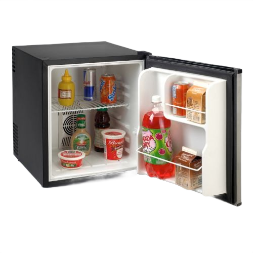 Compact black mini refrigerator with open door displaying beverages and food for kitchen and appliance use