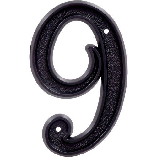 Black plastic house number 9 with textured finish and mounting holes, suitable for home improvement projects