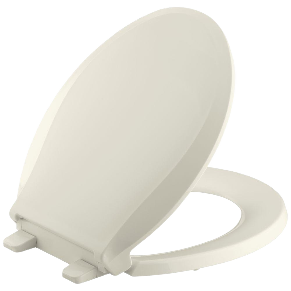 Biscuit-colored round-front toilet seat with quiet-close feature and secure Grip-Tight bumpers for bathroom use under $100