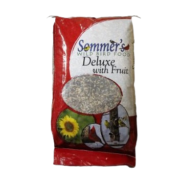 50 lb bag of Sommer’s Deluxe wild bird seed with fruit for feeding backyard birds outdoors