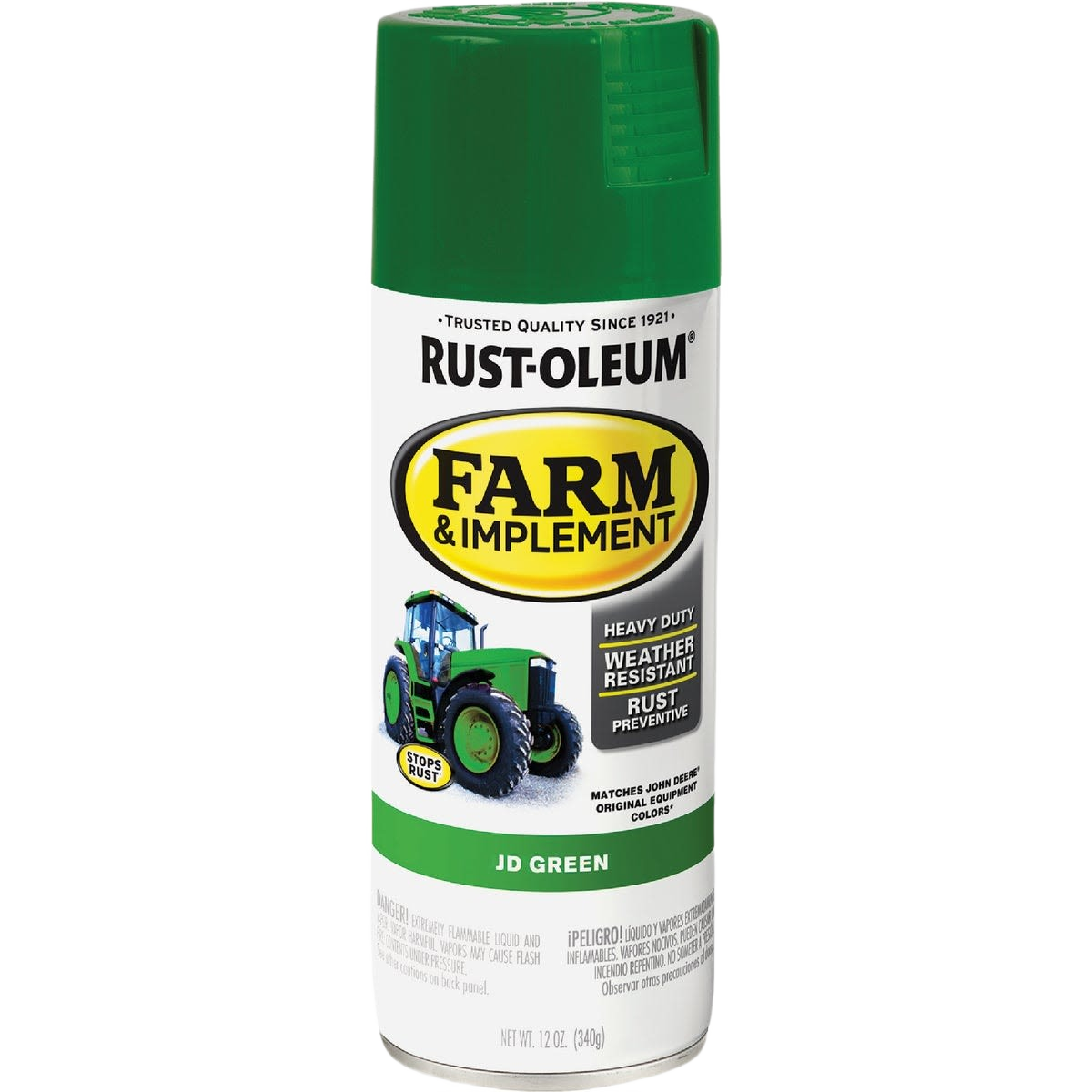 Rust-Oleum Farm & Implement spray paint in John Deere green for durable, rust-resistant home improvement projects
