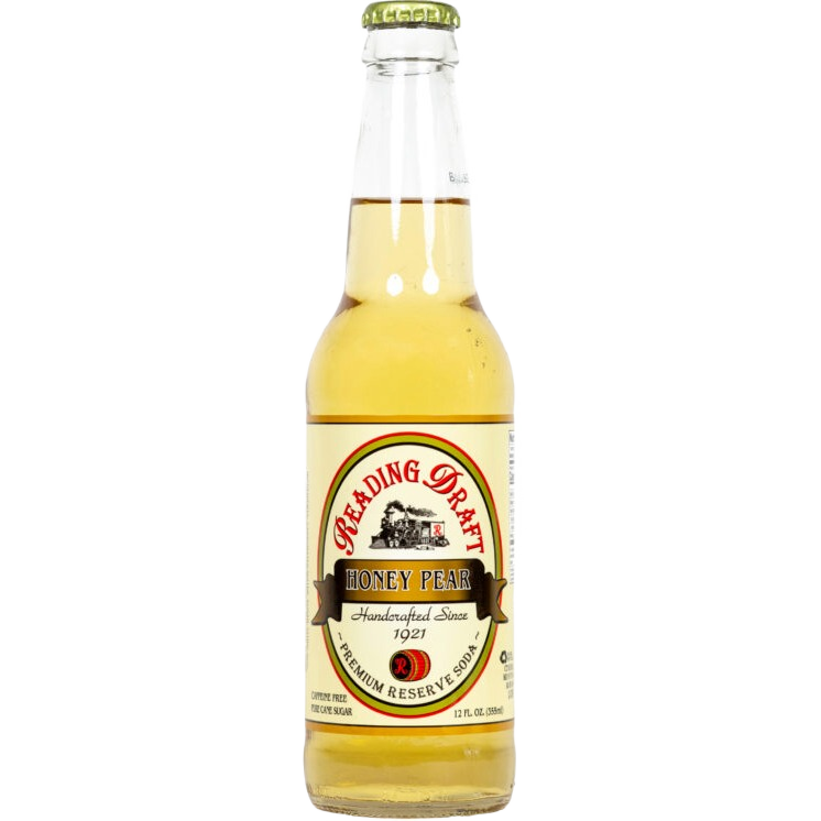 Glass bottle of honey pear soda with vintage-style label and yellowish amber liquid inside