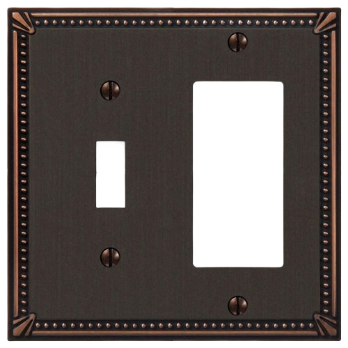 Decorative antique bronze wallplate with imperial bead trim for toggle and rocker switches in home improvement projects