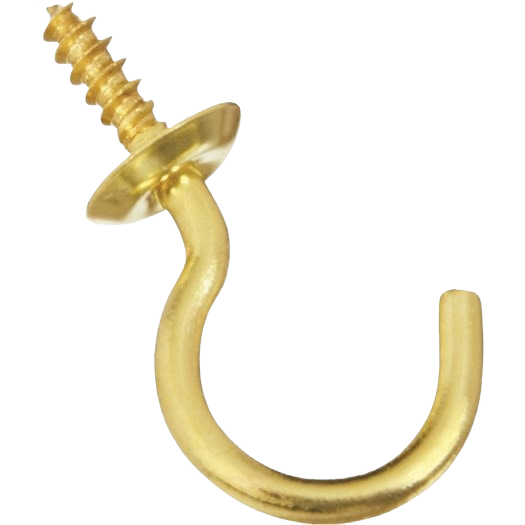 Solid brass cup hook with a curved open end and threaded screw for home improvement use