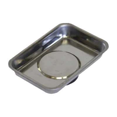 Compact stainless steel magnetic parts tray with raised edges for organizing small tools and hardware