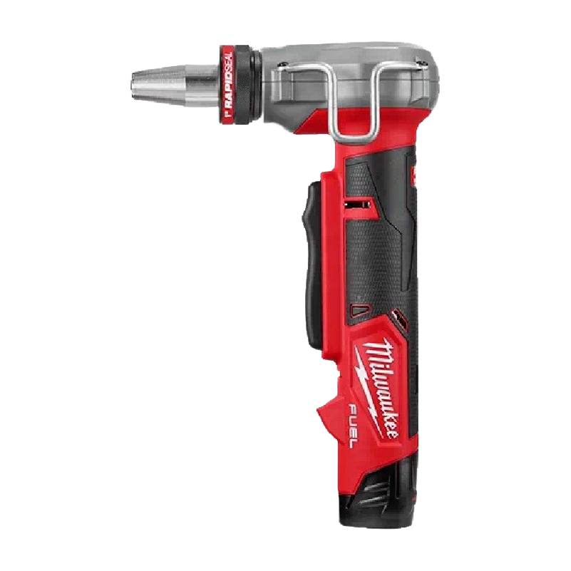 Compact red and black cordless expander tool with ergonomic grip and metal clip for home improvement tasks