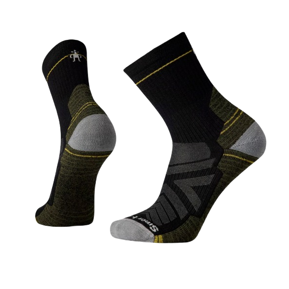 Pair of black and olive mid-calf hiking socks with cushioned soles and yellow accent stripes for outdoor wear