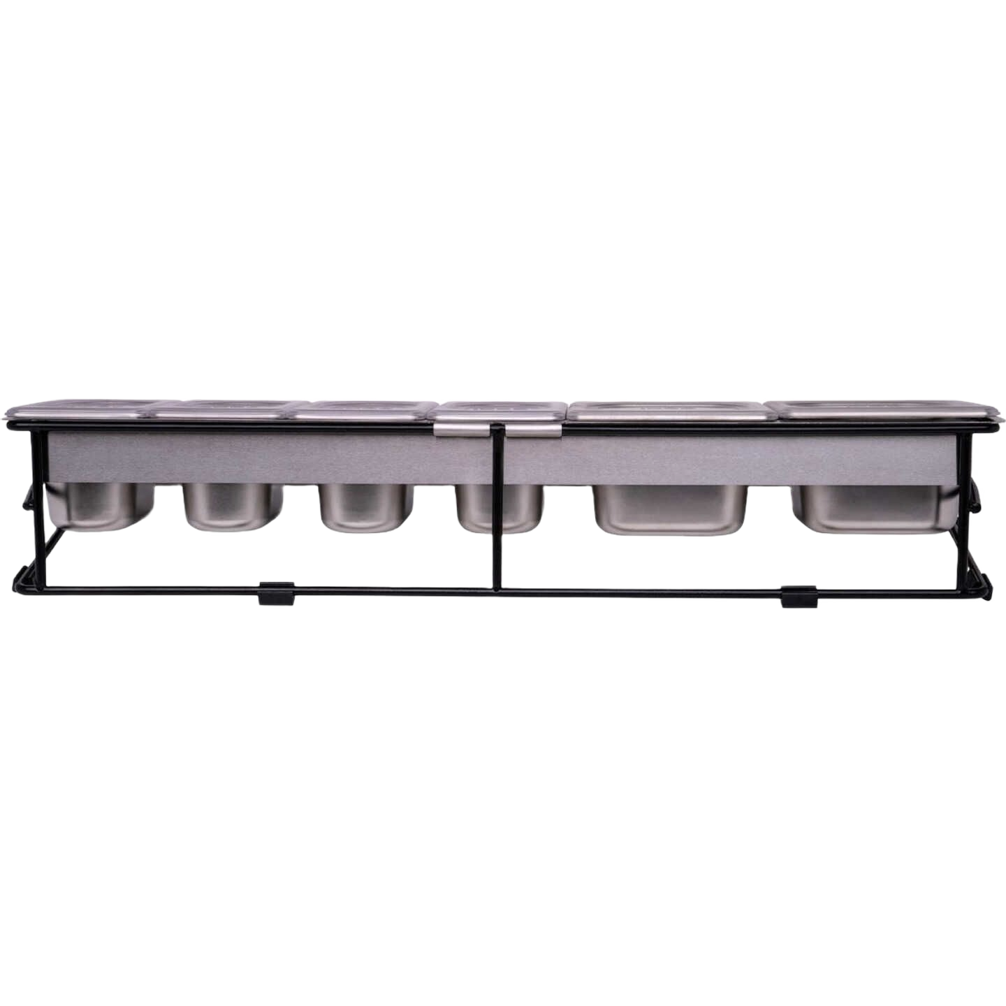 Compact stainless steel pizza topping station with multiple containers for organized outdoor grilling and living spaces