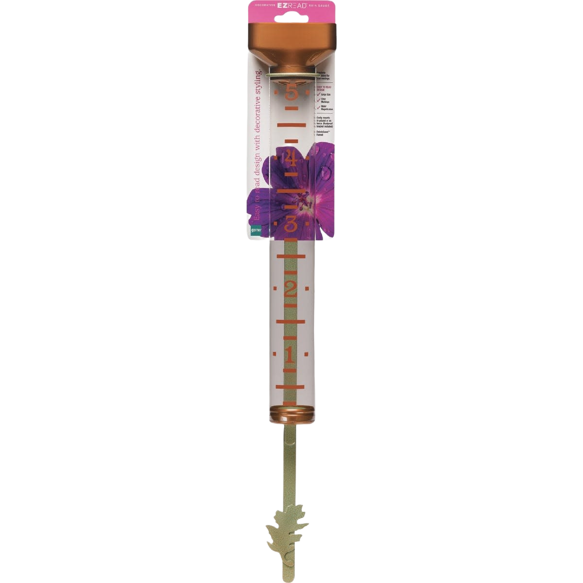 Clear plastic rain gauge with copper-toned top and decorative purple flower print for garden or outdoor use