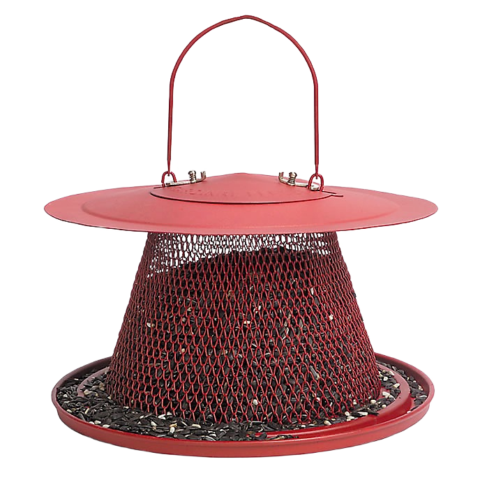 Red metal mesh bird feeder with wide top and bottom tray for wild bird seed outdoors