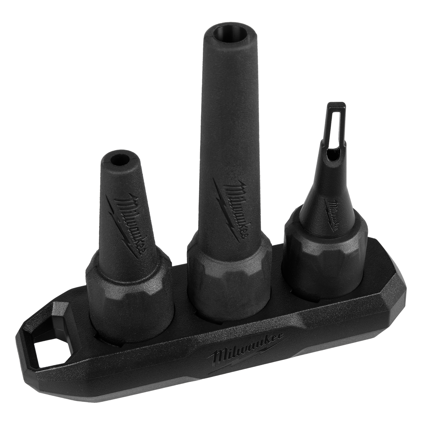 Set of three black Milwaukee replacement nozzles designed for precision airflow control, compatible with Milwaukee M18 power tools at Hartville Hardware.