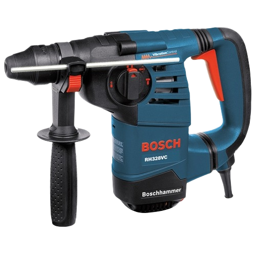 Blue and black rotary hammer drill with adjustable side handle and red control dial for tools and home improvement tasks