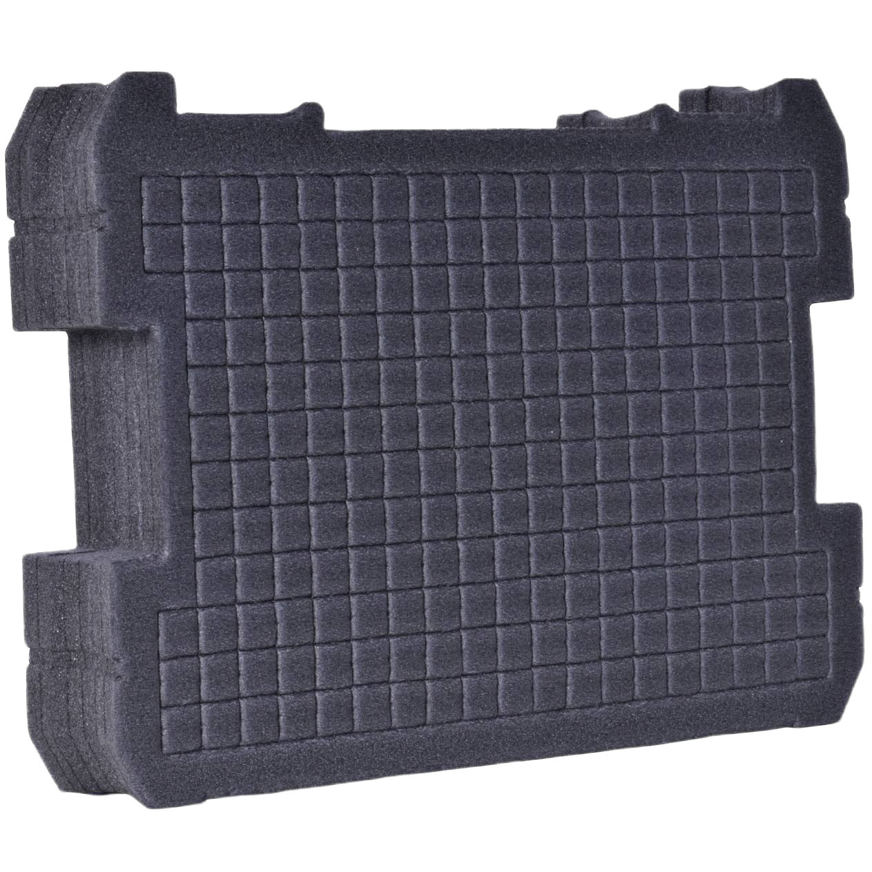 Black foam insert with removable grid blocks for customizable tool protection in storage and organization systems.