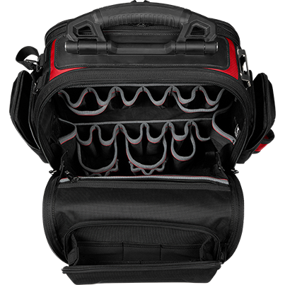 Open Milwaukee PACKOUT™ Structured Backpack showing multiple tool storage compartments in black and red design