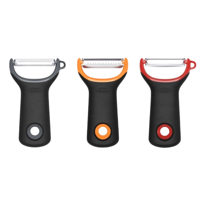 Three-piece set of black-handled peelers with stainless steel blades for kitchenware and food prep tasks under $50