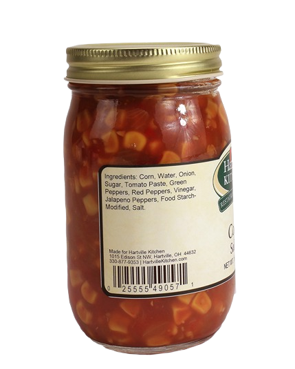 Glass jar of Hartville Kitchen corn salsa with jalapeño, part of salsas and food & beverage under $50 collection
