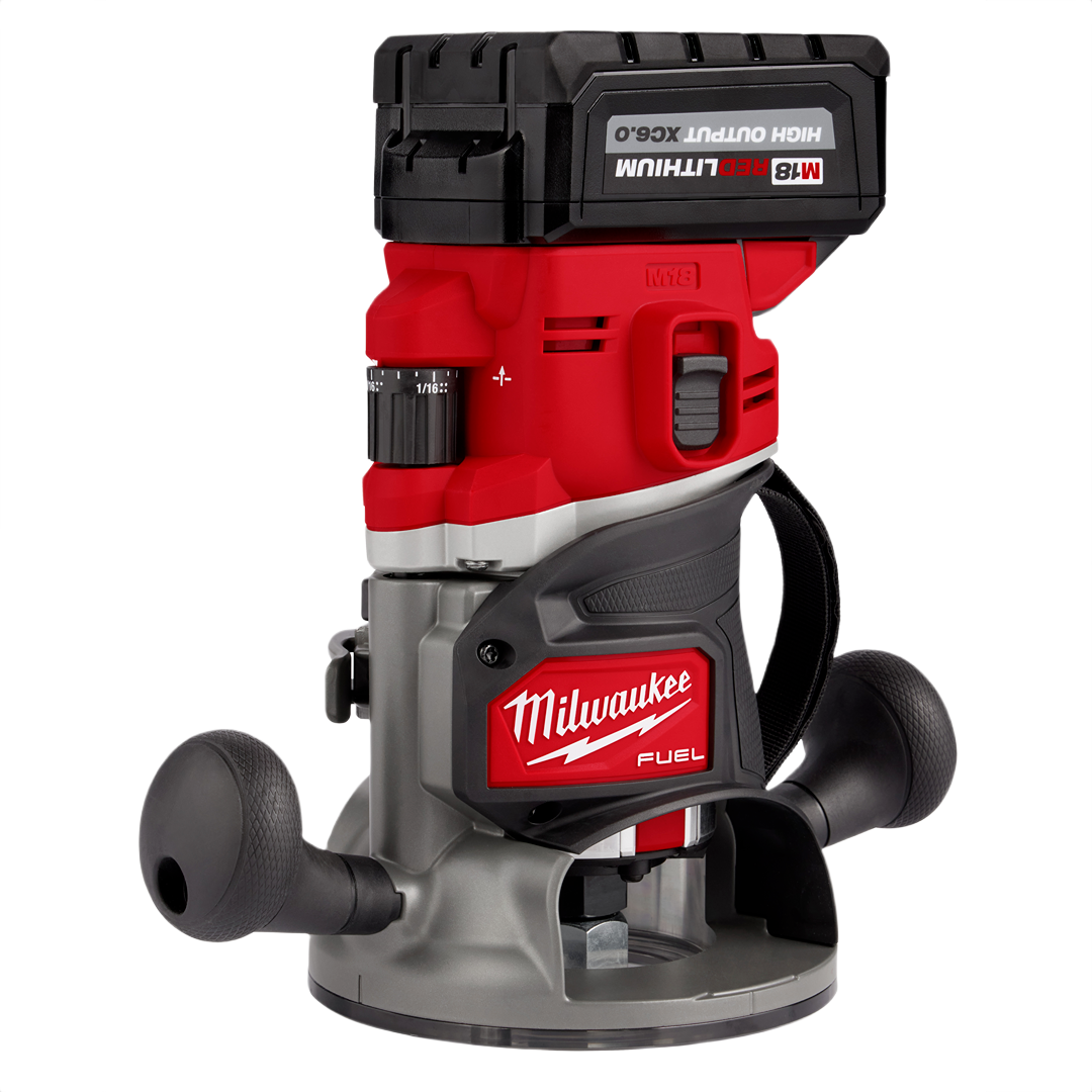 Cordless red and black compact router tool with lithium battery for precision wood shaping in home improvement tasks