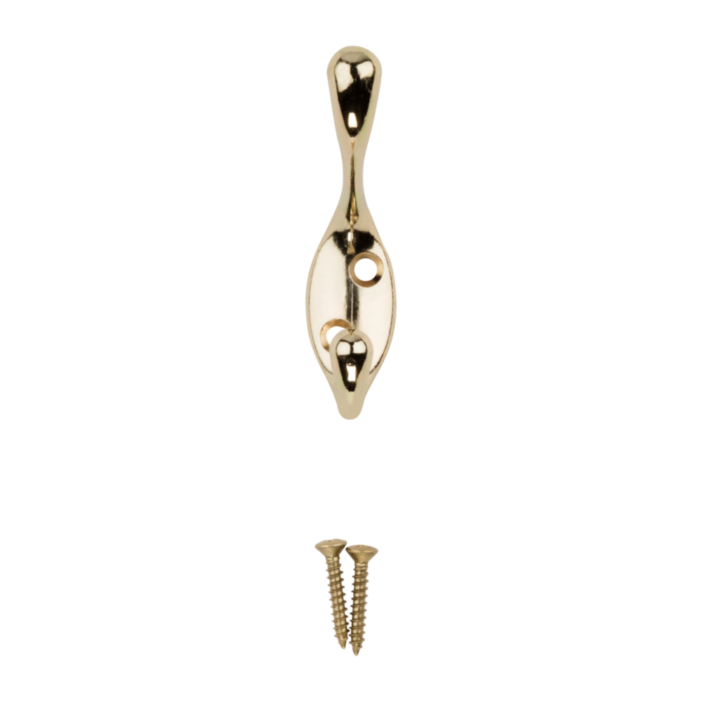 Bright brass single-prong wardrobe hook with die-cast zinc construction for closet and dorm organization under $50