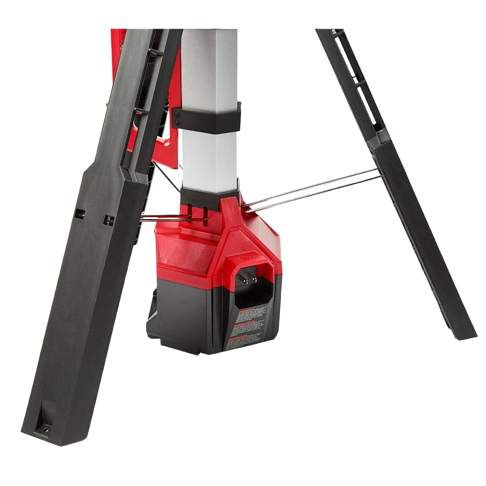 Tripod base with red and black adjustable steel legs for Milwaukee utility and work lighting products