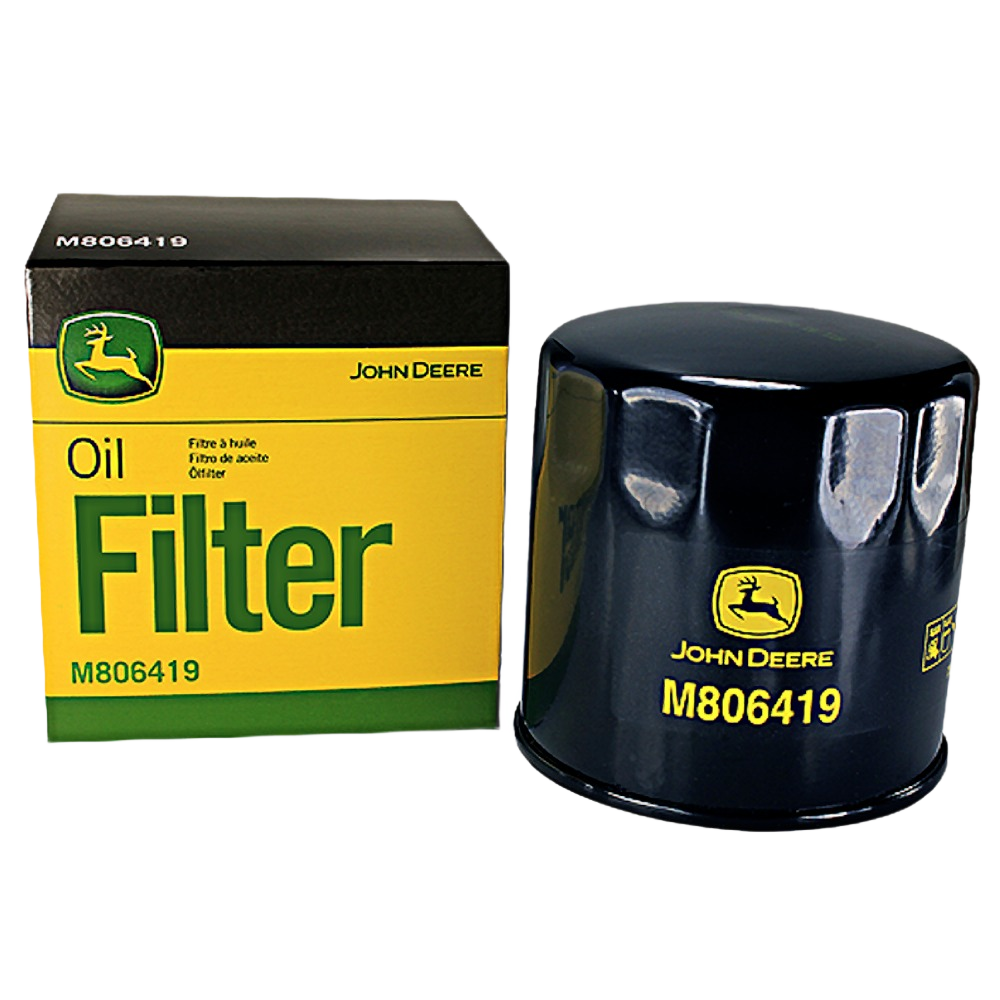 John Deere M806419 oil filter with black casing next to yellow and green branded packaging from automotive parts collection