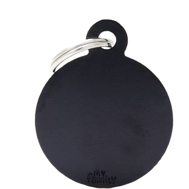 Large round black metal ID tag with silver key ring for pet identification or personal use