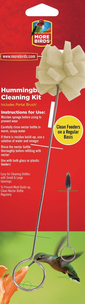 Foam sponge cleaning kit with metal handle and small brush for hummingbird feeder maintenance and care tasks