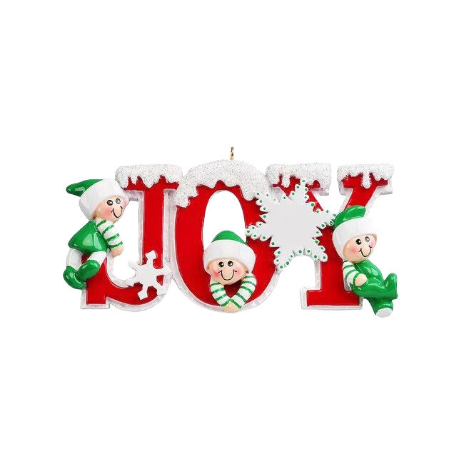 Red "Joy" ornament with snow and three small elves in green outfits for Christmas tree decoration under $50