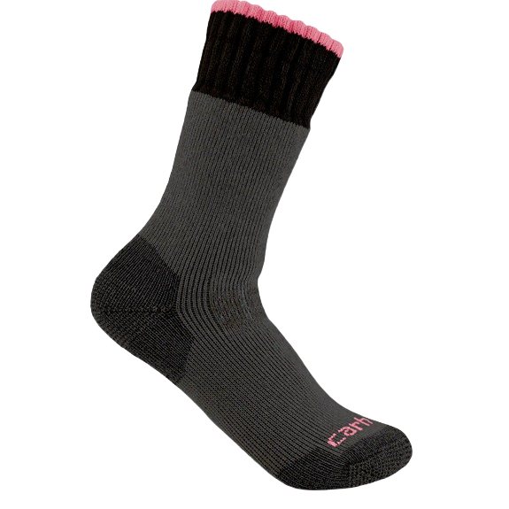 Single heavyweight synthetic-wool blend boot sock in dark gray and black with pink trim, part of Women's Carhartt clothing, socks, and accessories collections.