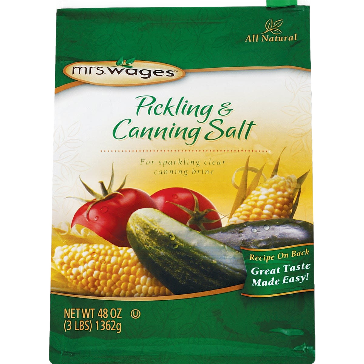 Green and white bag of Mrs. Wages canning and pickling salt with vegetables for kitchenware under $50