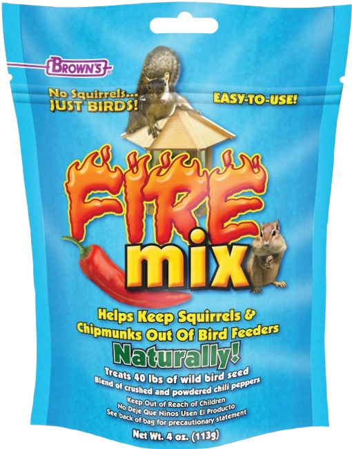 Blue packaging of Brown's Fire Mix seed additive with squirrel and chipmunk illustrations on label