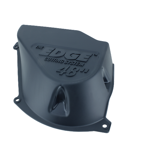 Black mower deck shield with embossed "The Edge Cutting System 48"" label for outdoor tools and equipment use