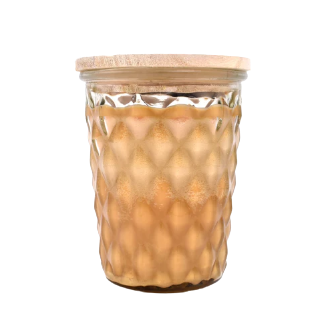 Textured amber glass jar candle with wooden lid for cozy home ambiance and decor