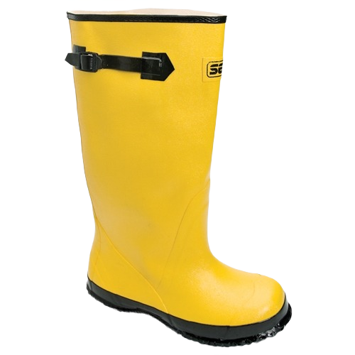 Tall yellow rubber safety boot with black adjustable strap and rugged sole for tools and home improvement use