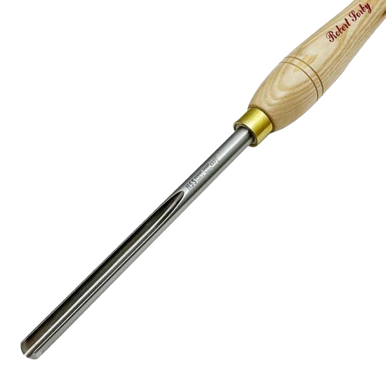 Woodturning bowl gouge with polished wood handle and high-speed steel blade from woodworking hand tools collection