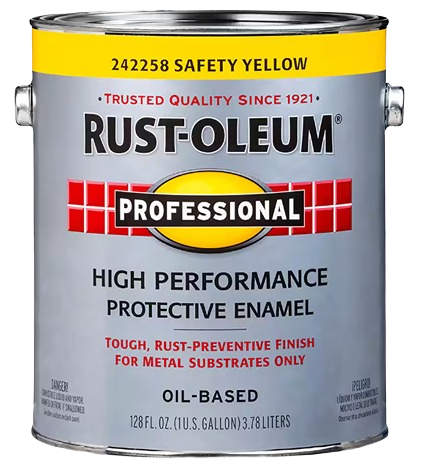 One-gallon can of yellow gloss enamel paint with rust-preventive finish for specialty paint and home improvement projects