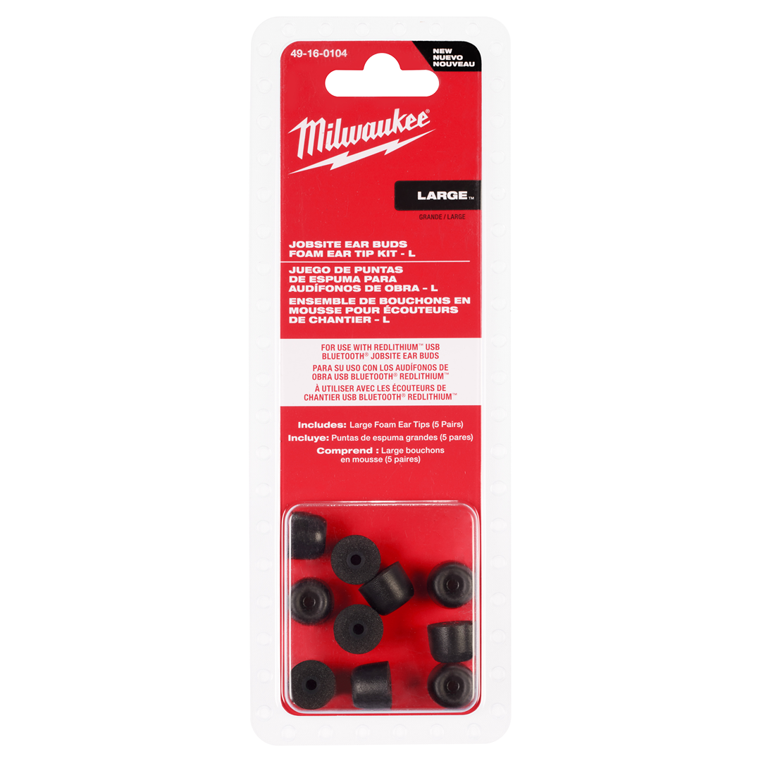 Package of large foam ear tips for jobsite earbuds designed for safety and comfort in power tool use under $50