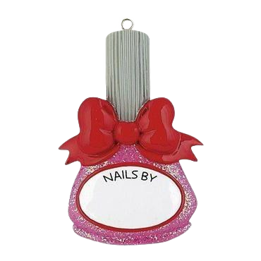 Pink glitter nail polish ornament with red bow and customizable "Nails By" label in Christmas Ornaments & Tree Decorations under $50 collection