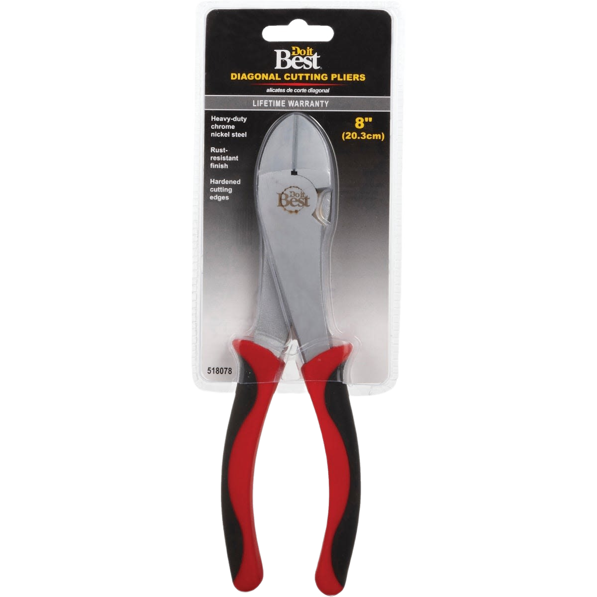 8-inch diagonal cutting pliers with red and black grips, chrome nickel steel, designed for tools and home improvement tasks