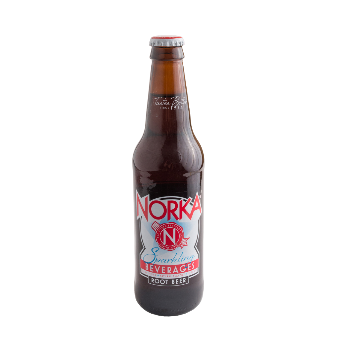 Brown glass bottle of NORKA sparkling root beer with vintage style label in Drinks and Food & Beverage collections