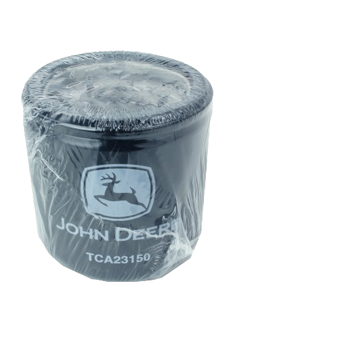 Black cylindrical John Deere hydraulic oil filter wrapped in protective clear plastic for automotive and parts use