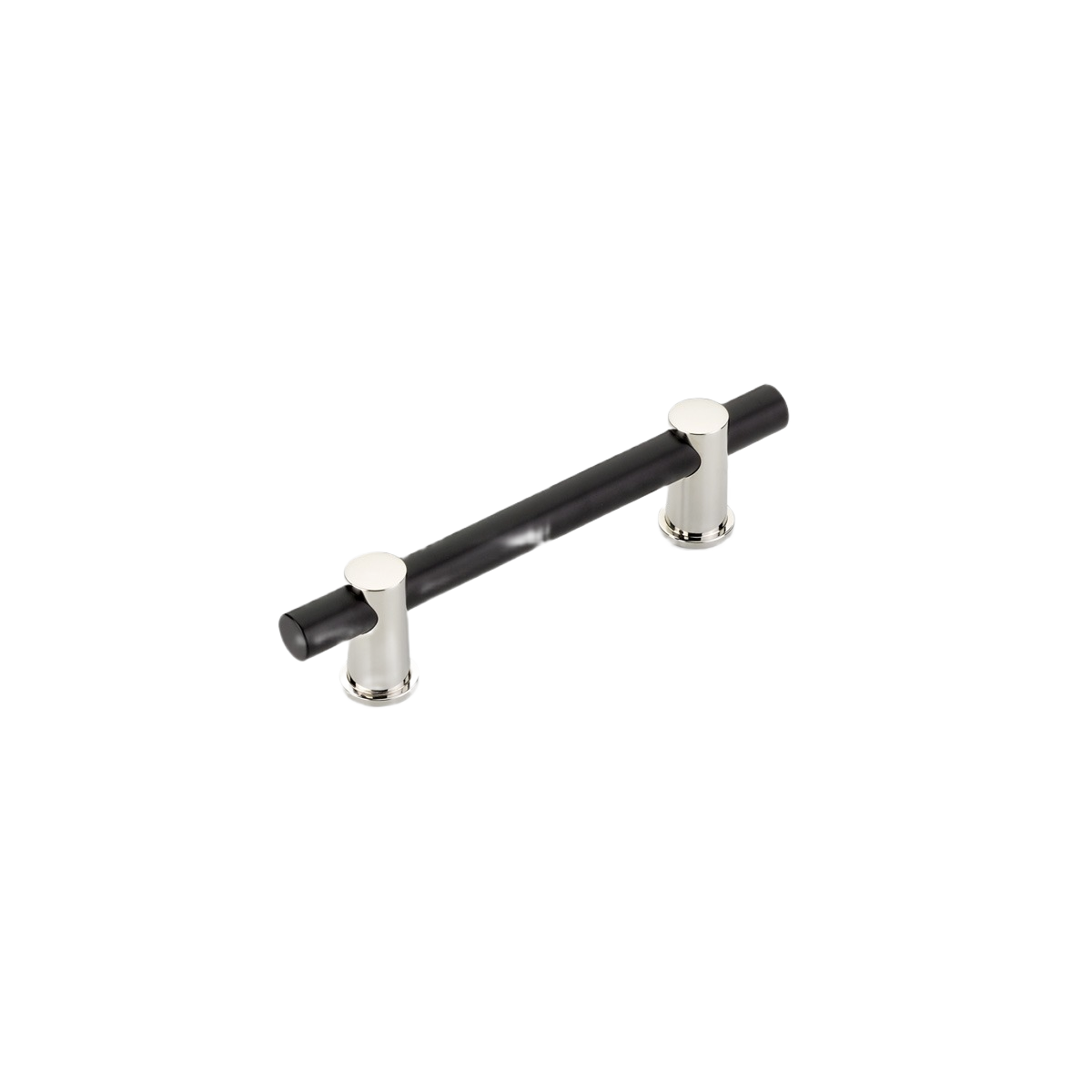 Cabinet pull with matte black bar and polished nickel round posts for elegant home improvement use
