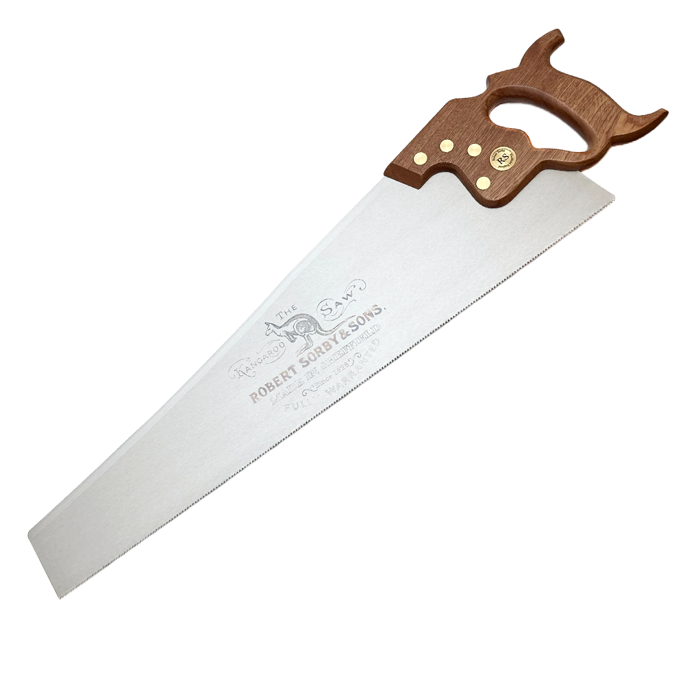 Hand saw with polished steel blade and wooden handle featuring brass rivets for tools and home improvement use