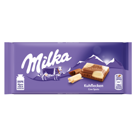 Purple wrapper Milka Cow Spots milk chocolate bar with creamy and white chocolate pieces from Chocolates & Candies collection