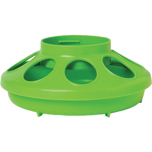 Green plastic poultry feeder base with multiple rounded feeding openings for tools and home improvement projects