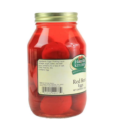 Glass jar of red beet eggs preserved in tangy red beet juice from Hartville Kitchen preserved goods collection under $25