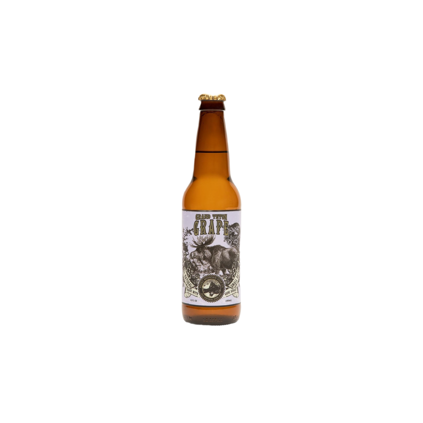 Amber glass soda bottle with vintage label featuring a moose and grape illustration, 12 oz. size