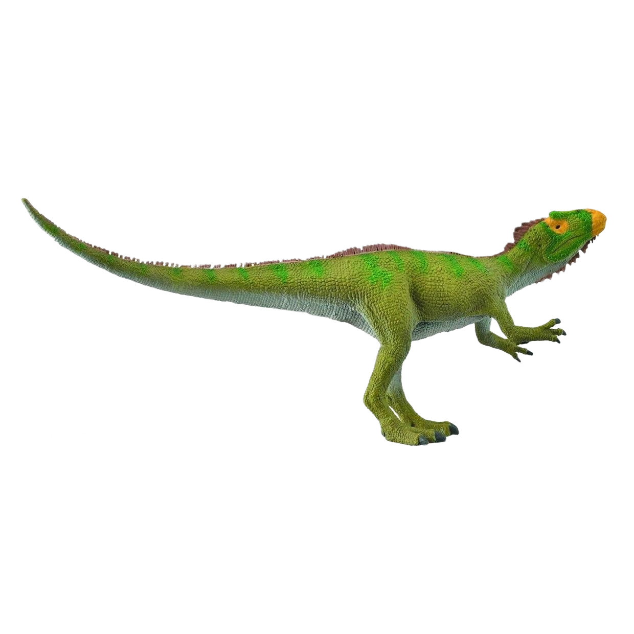 Green and yellow dinosaur figurine posed as if stalking prey, detailed texture and lifelike appearance